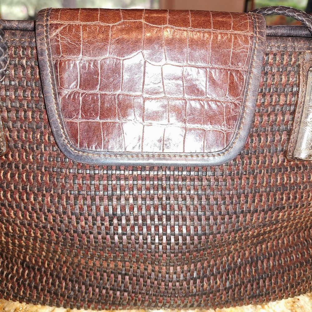 Brighton shoulder bag, brown weave with embossed panel, silver accents13X8" - Picture 5 of 15